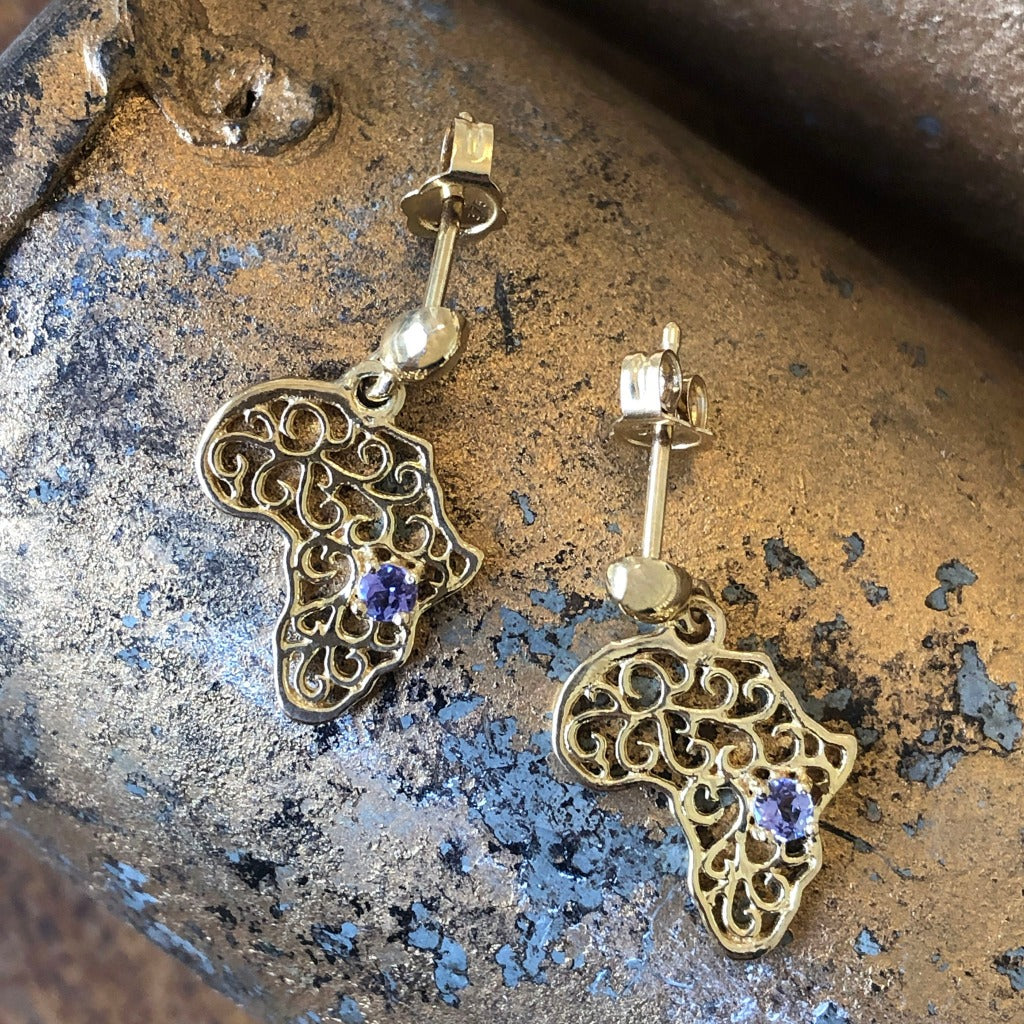 Decorative Filigree Africa Map Earrings with Tanzanite Accents