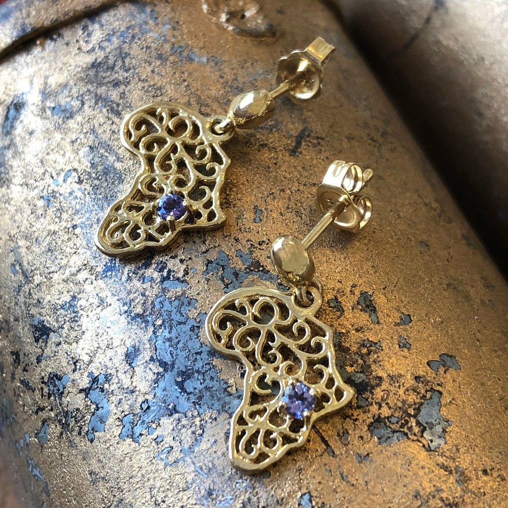 Decorative Filigree Africa Map Earrings with Tanzanite Accents