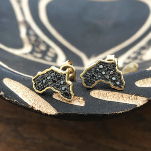 Yellow Gold Africa Map Earrings with Pavé Black Diamond Center