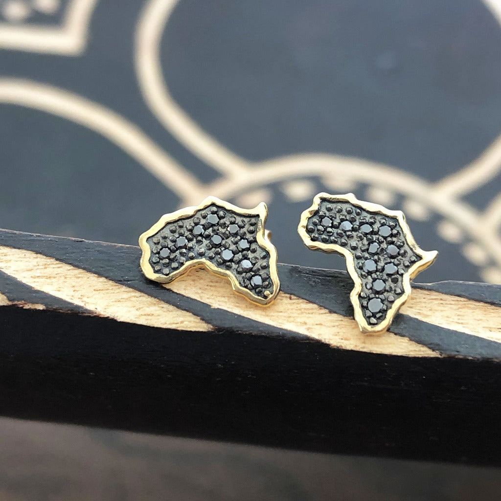 Yellow Gold Africa Map Earrings with Pavé Black Diamond Center