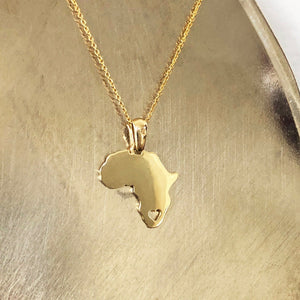 Solid Gold Africa Map Pendant with Stencil Heart Detail