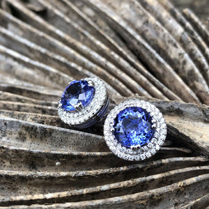 Scintillating Tanzanite and Double Diamond Halo Earrings