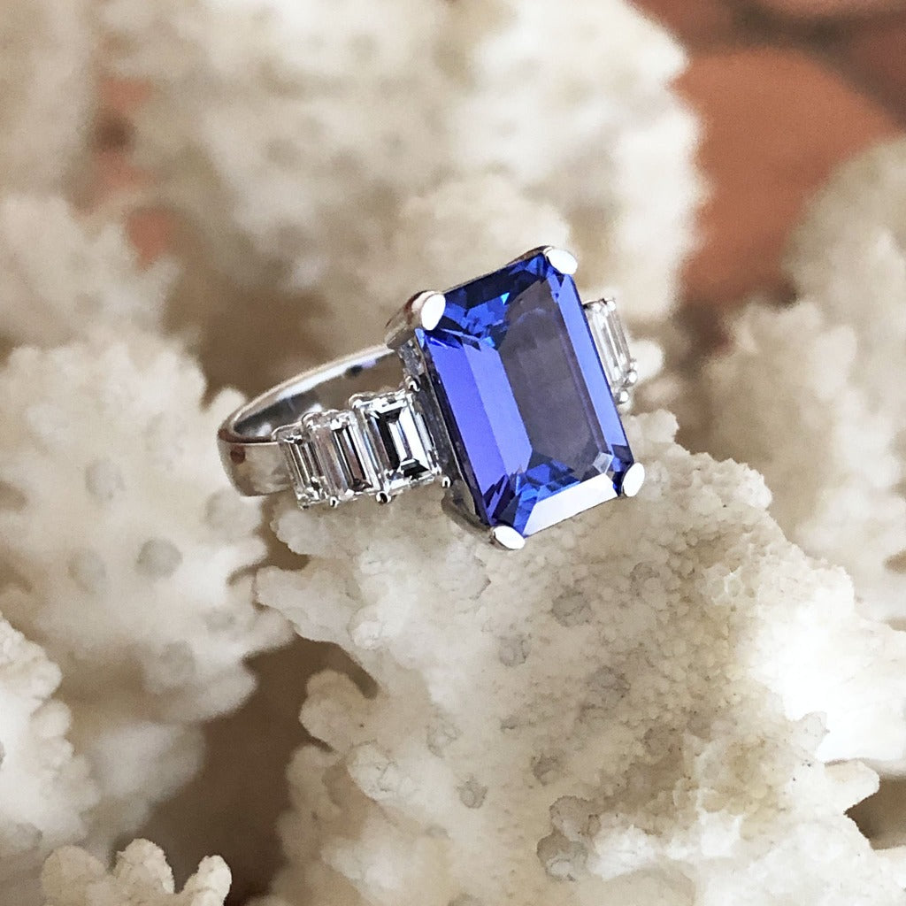 Octagonal Emerald Cut Tanzanite and Baguette Diamond Ring