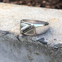 Mens  Unisex White Gold Signet Ring With Diagonal Black Diamond Detail