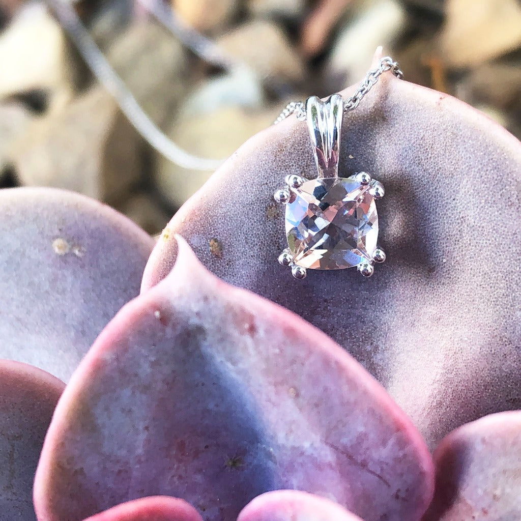 Cushion Cut Morganite Pendant with Fixed White Gold Bale