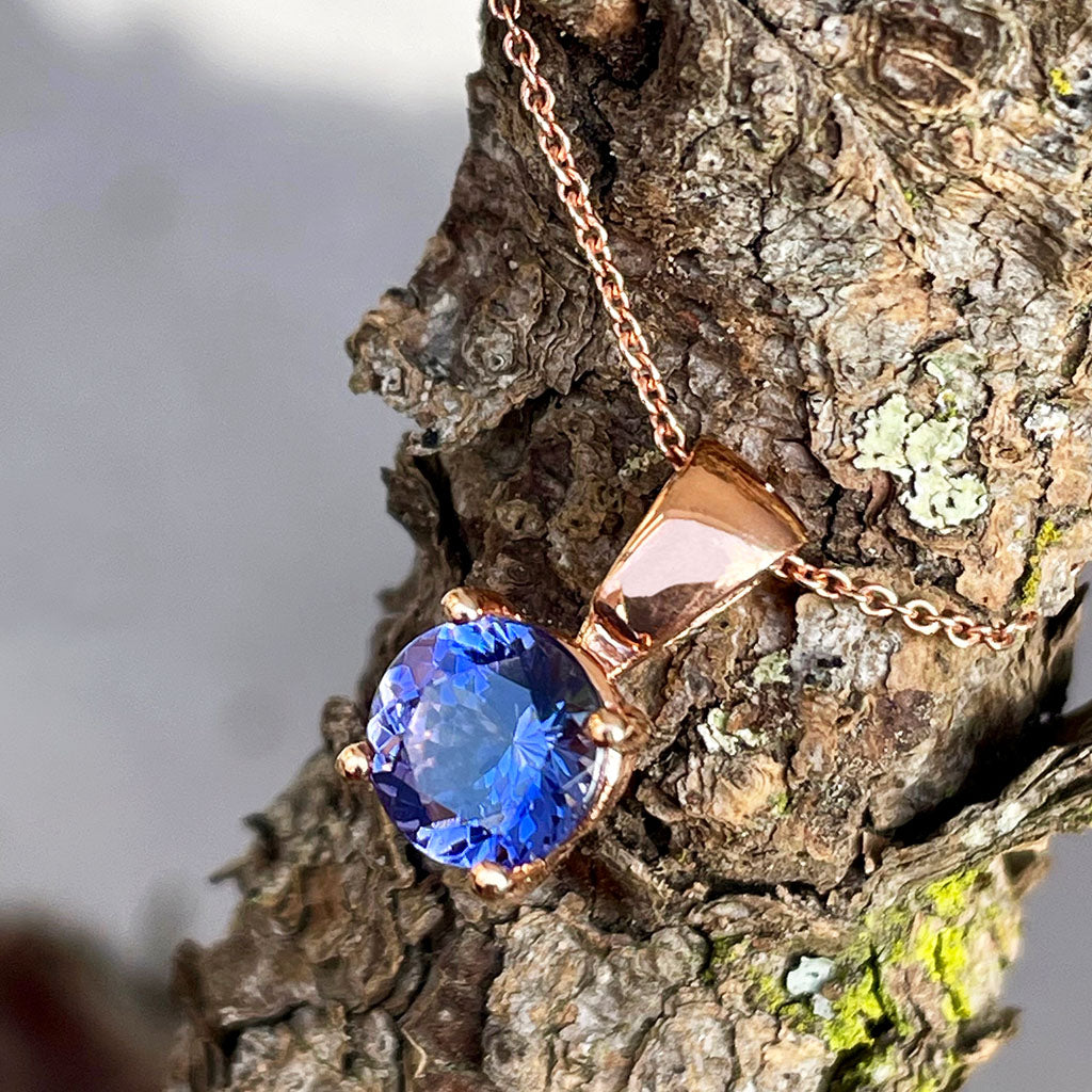 Fixed Bale Four Claw Round Cut Tanzanite Rose Gold Pendant