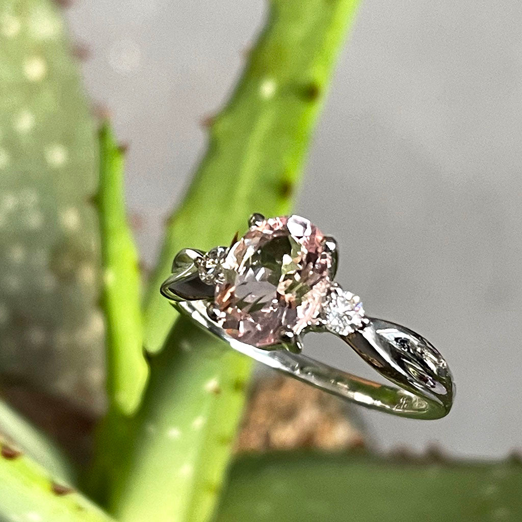 Lightly Crimped Oval Cut Morganite and Diamond Highlight Ring