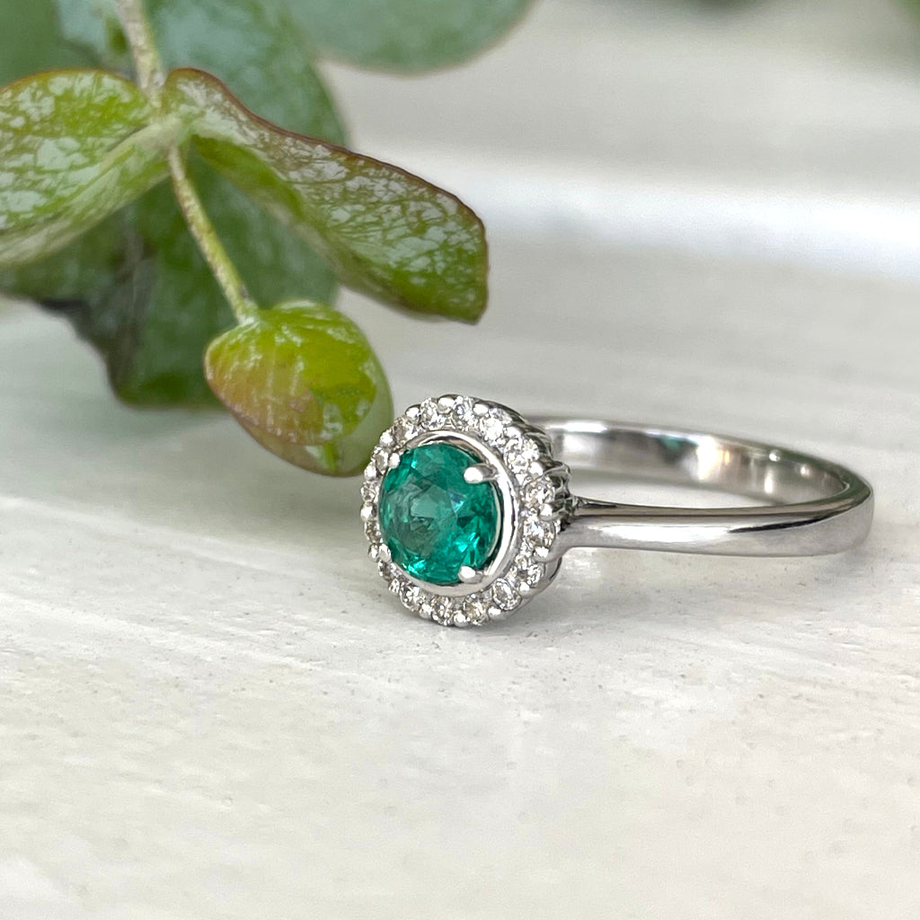 Classic Round Cut Emerald With Diamond Halo Ring