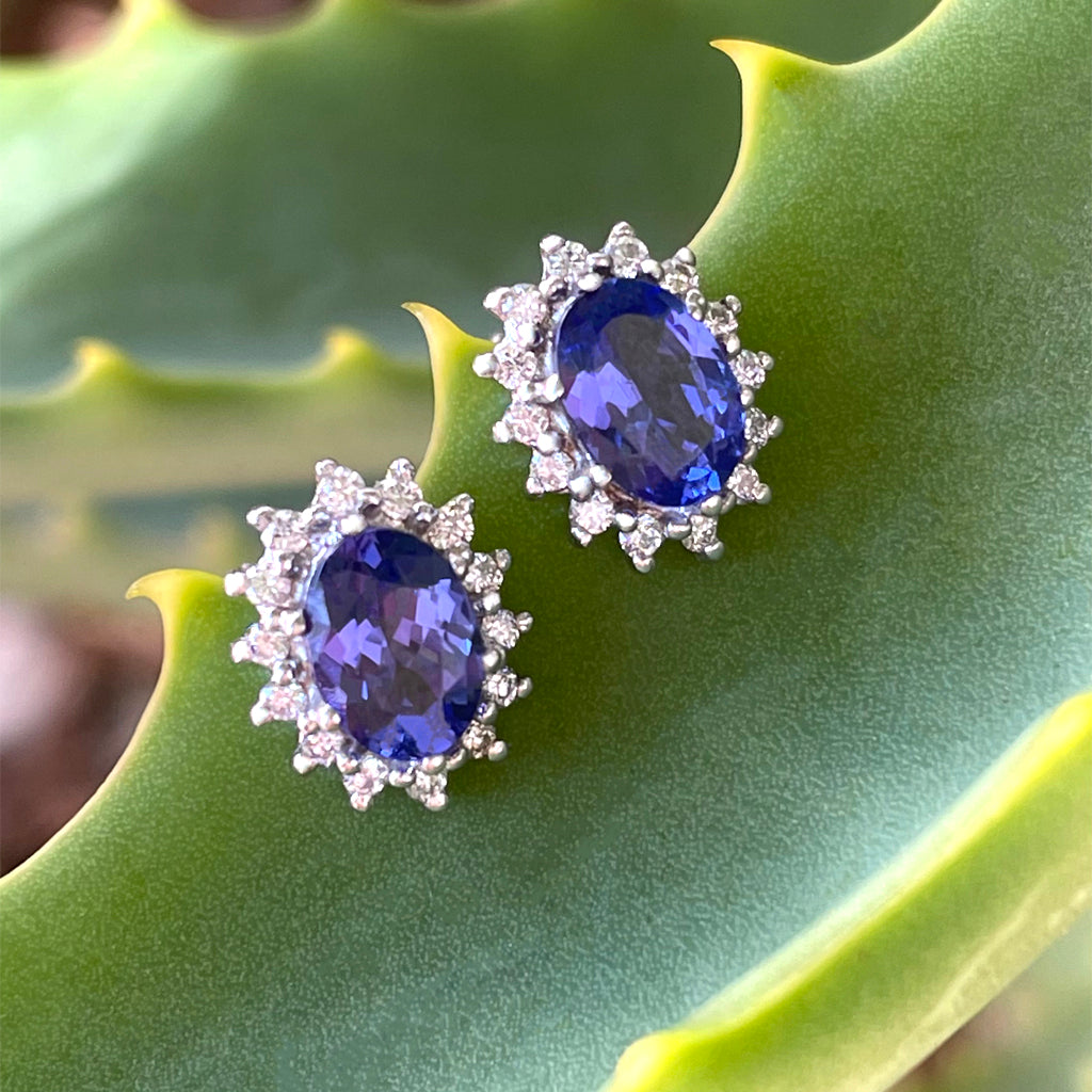 Regal Oval Diamond Halo Tanzanite White Gold Studs