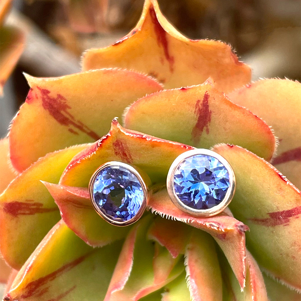 Classic Round Cut Tanzanite Rose Gold Bezel Set Studs