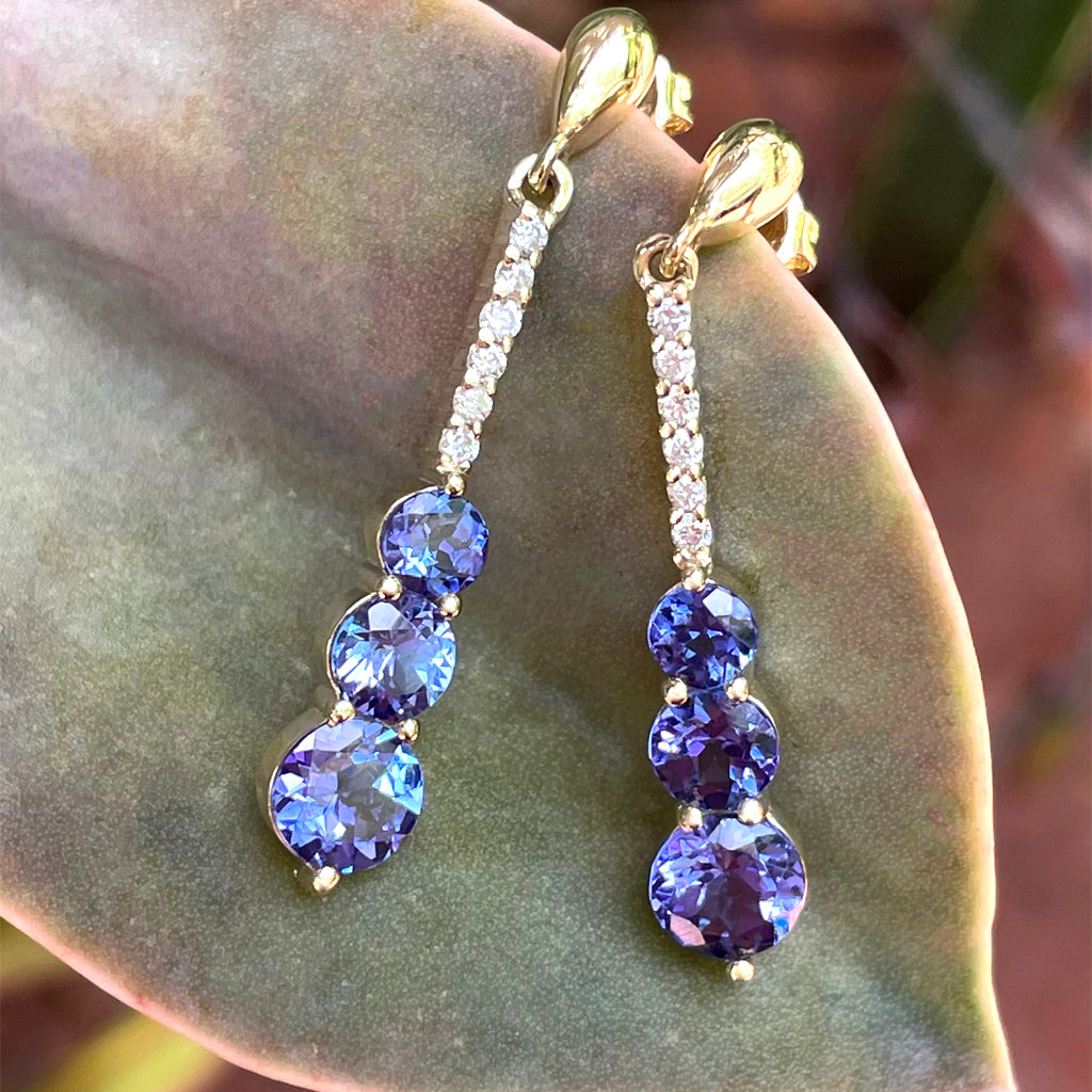 Tanzanite and Six Diamond Drop Yellow Gold Earrings