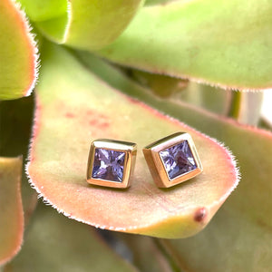 Classic Square Cut Tanzanite Rose Gold Bezel Set Studs