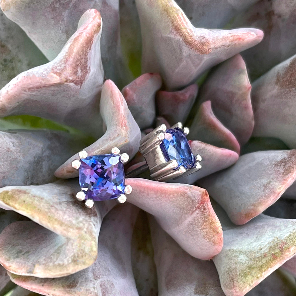 Elegant Double Claw Cushion Cut Tanzanite Studs