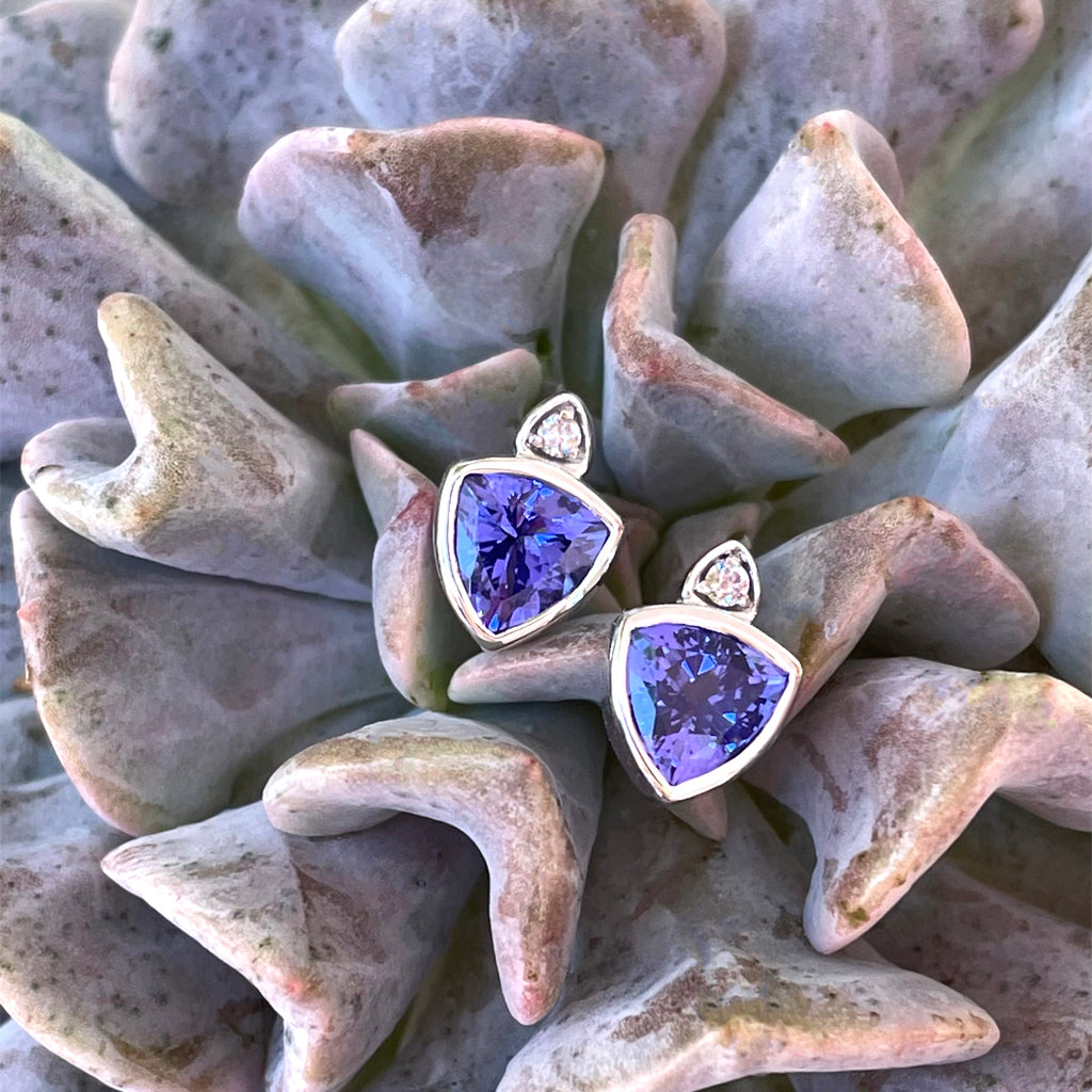 Elegant Trilliant Bezel Set Tanzanite and White Diamond Studs