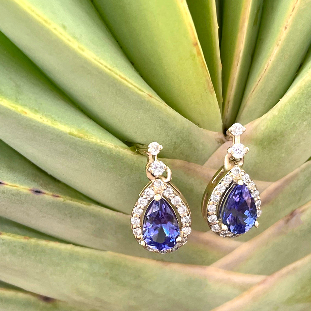 Scintillating Pear Cut Tanzanite and White Diamond Halo and Highlight Drop Earrings