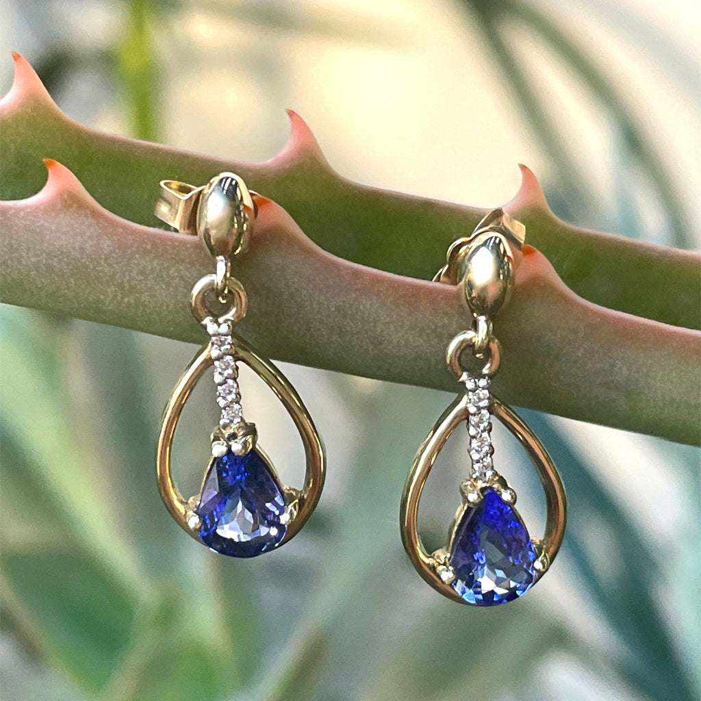 Yellow Gold Pear Cut Tanzanite Earrings with Diamond Strip Highlight