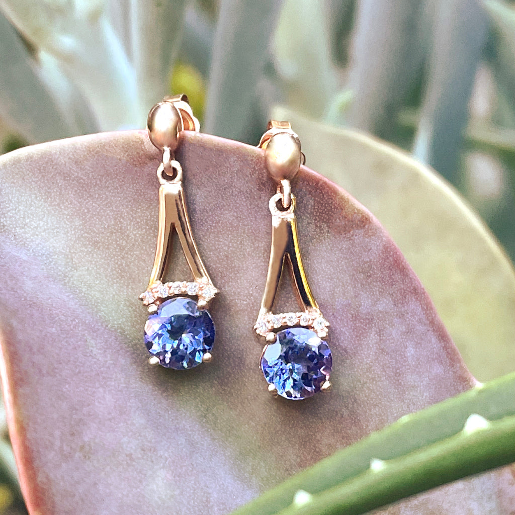 Round Cut Tanzanite and Rose Gold Drop Earrings with Diamond Crown Accent