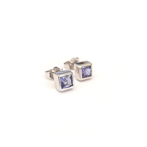 Classic Square Cut Tanzanite White Gold Bezel Set Studs