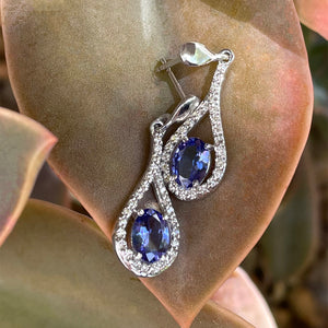 Unique Diamond Halo Oval Cut Tanzanite and Diamond White Gold Drop Earrings