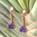Classic Trilliant Cut Tanzanite and Diamond Drop Rose Gold Earrings