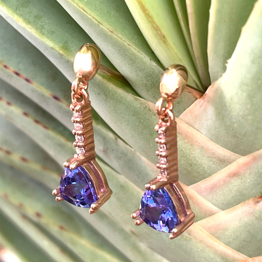 Classic Trilliant Cut Tanzanite and Diamond Drop Rose Gold Earrings