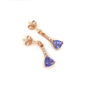 Classic Trilliant Cut Tanzanite and Diamond Drop Rose Gold Earrings