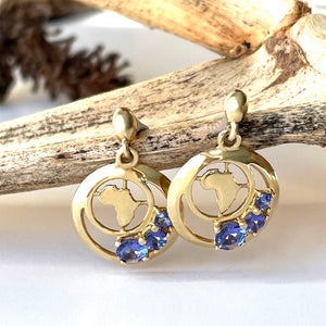 Yellow Gold Circle and Half Moon Tanzanite Africa Map Earrings
