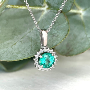 Classic Round Cut Emerald With Diamond Halo Pendant