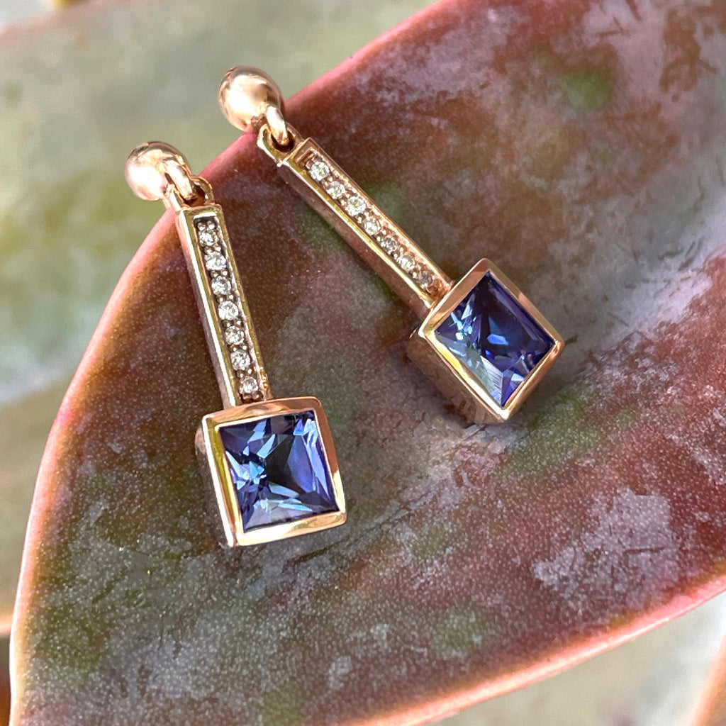 Art Deco Inspired Square Tanzanite and Diamond Rose Gold Drop Earrings