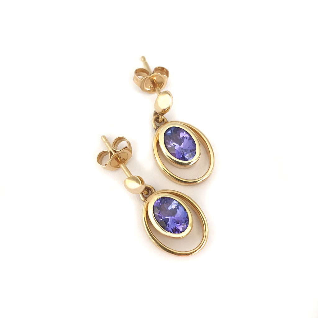 Double Hoop Oval Cut Bezel Set Tanzanite Drop Earrings