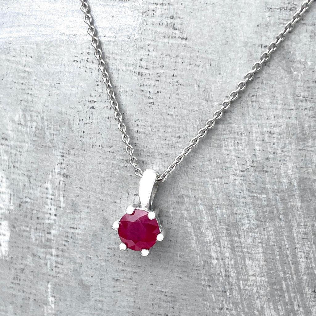 Delicate Petite Round Cut Ruby Six Claw Pendant