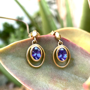 Double Hoop Oval Cut Bezel Set Tanzanite Drop Earrings