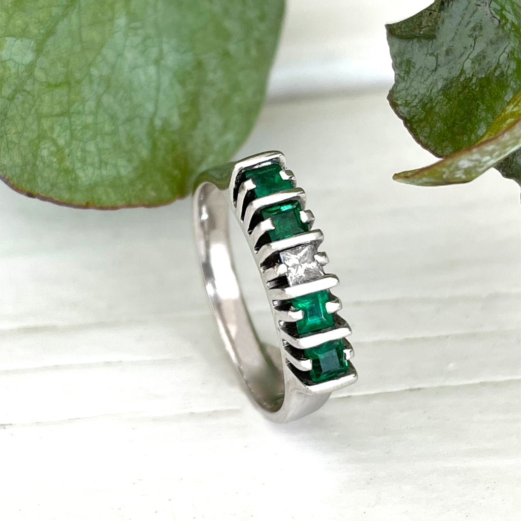 Geometric White Gold Bar Four Emerald, White Diamond Ring