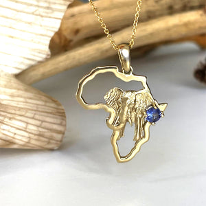 Striking Elephant Africa Map and Tanzanite Yellow Gold Pendant