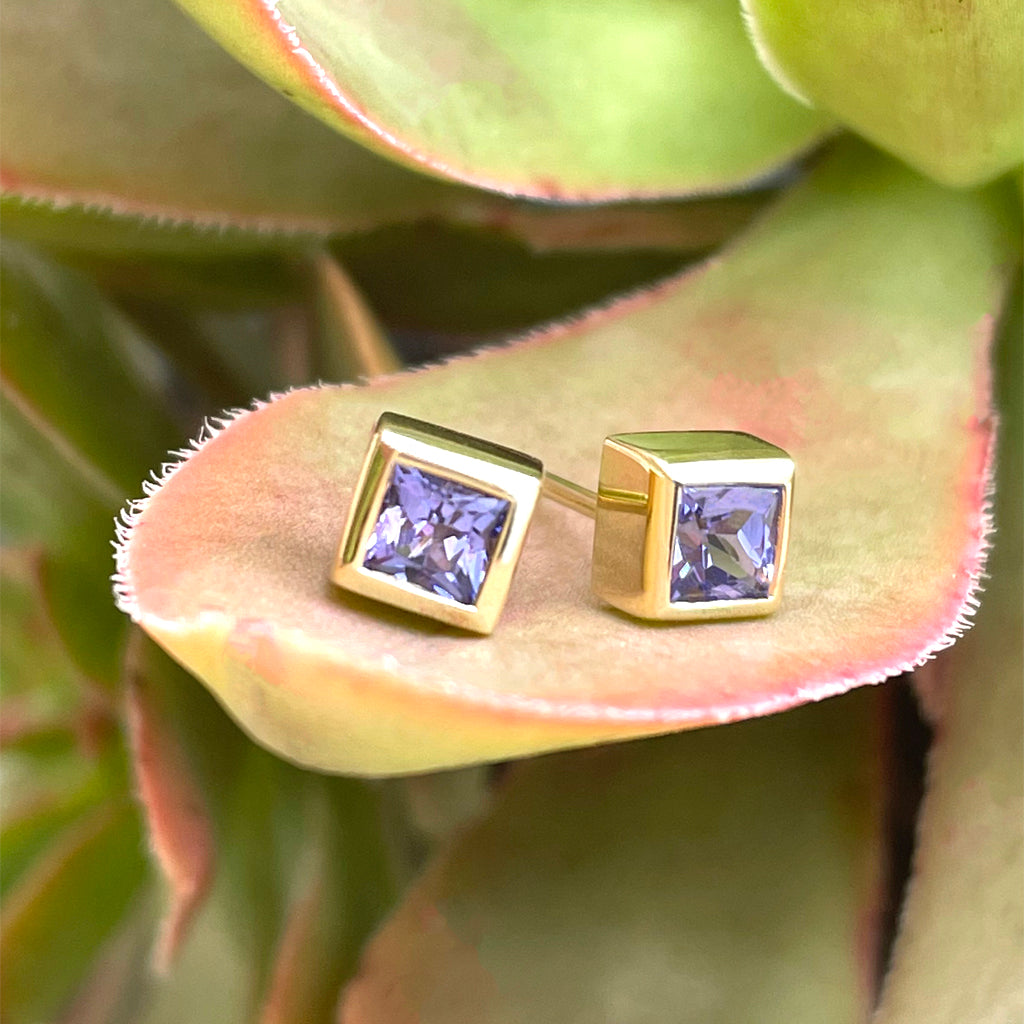 Classic Square Cut Tanzanite Yellow Gold Bezel Set Studs