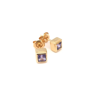 Classic Square Cut Tanzanite Yellow Gold Bezel Set Studs