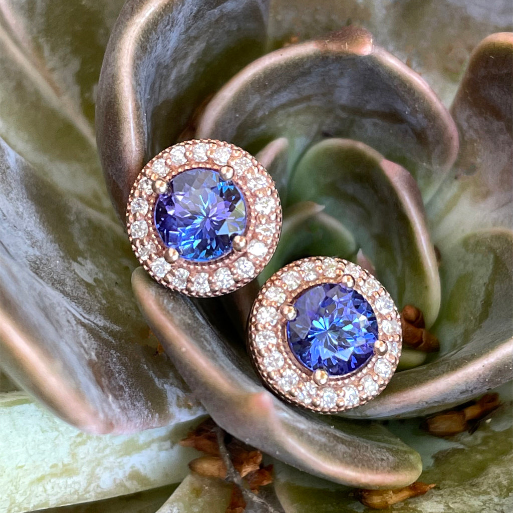 Glam Diamond Halo Round Cut Tanzanite Rose Gold Studs