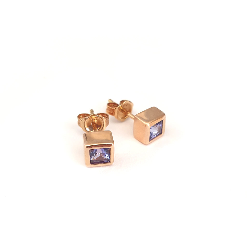 Classic Square Cut Tanzanite Rose Gold Bezel Set Studs