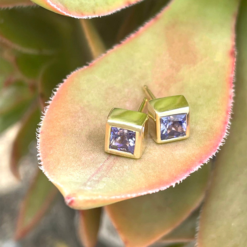 Classic Square Cut Tanzanite Yellow Gold Bezel Set Studs