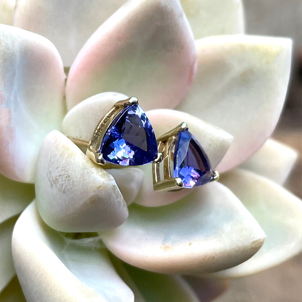 Classic Trilliant Cut Tanzanite Yellow Gold Claw Studs