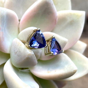 Classic Trilliant Cut Tanzanite Yellow Gold Claw Studs