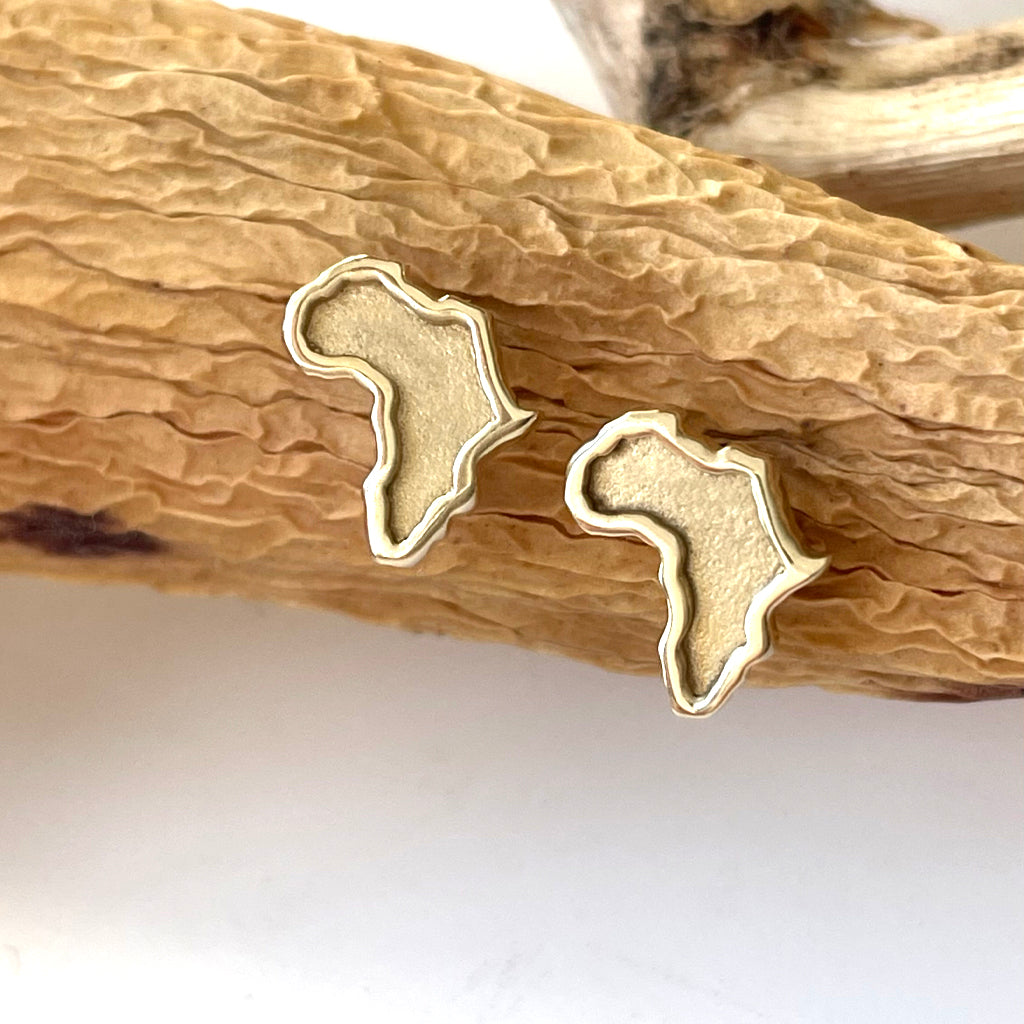 Gorgeous Yellow Gold Africa Map Studs with Brushed Gold Centers