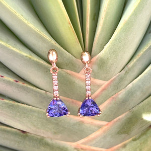 Classic Trilliant Cut Tanzanite and Diamond Drop Rose Gold Earrings