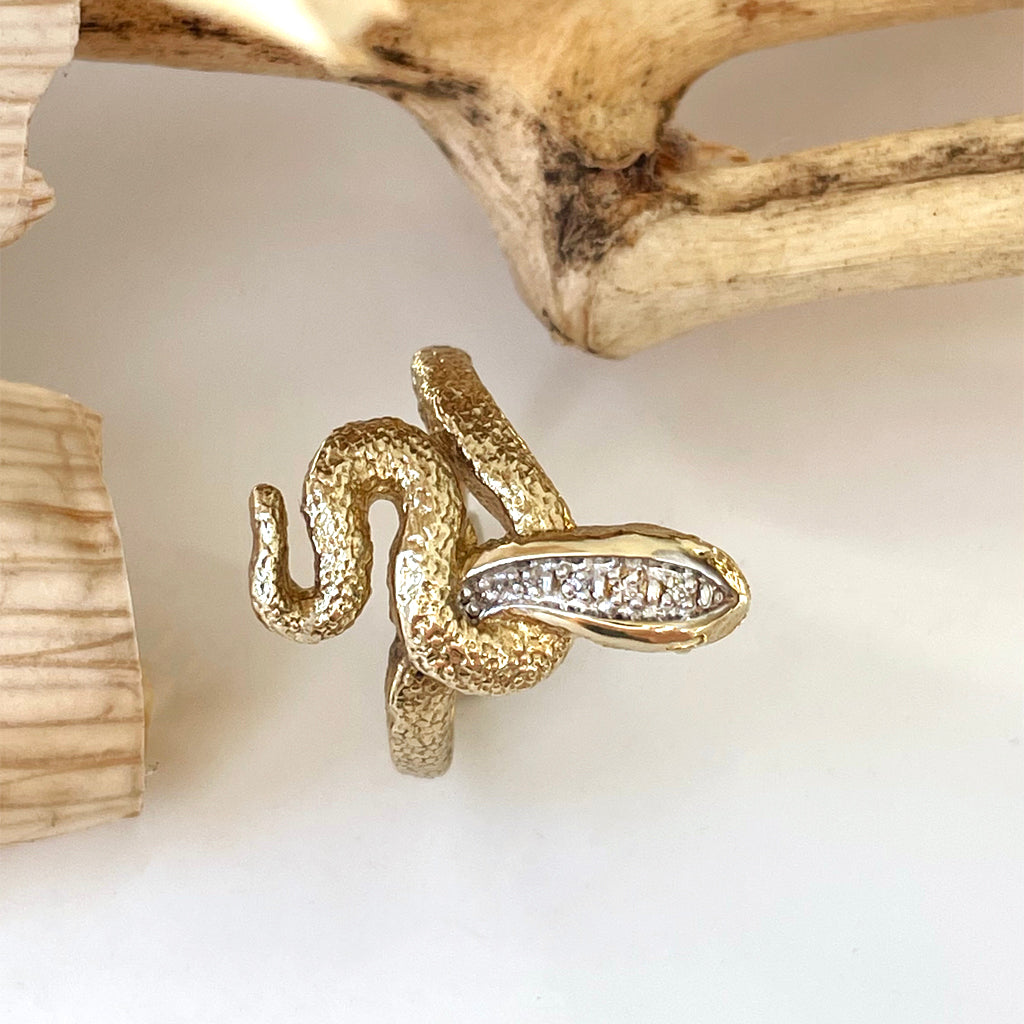Unique Diamond Headed Yellow Gold Snake Ring