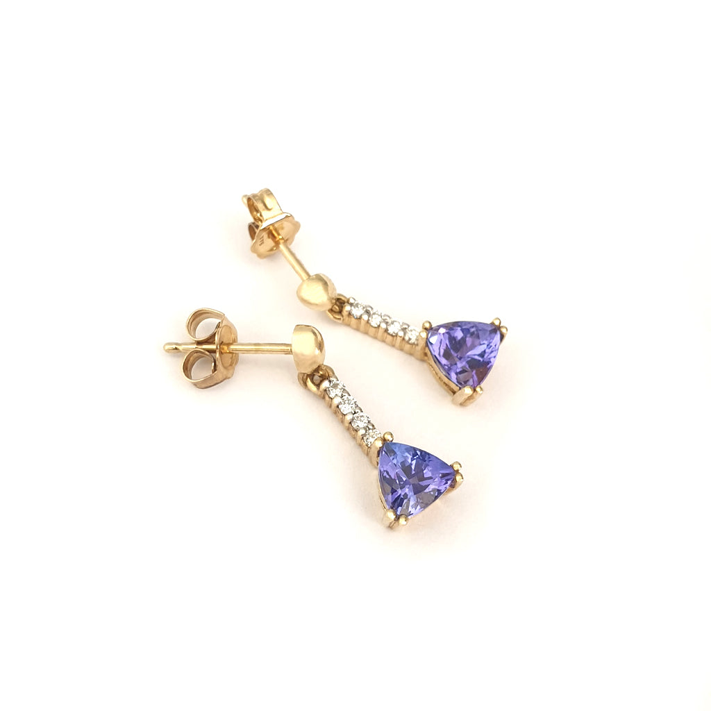 Classic Trilliant Cut Tanzanite and Diamond Drop Earrings