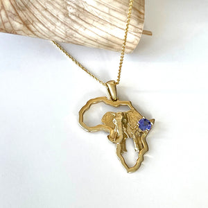 Striking Elephant Africa Map and Tanzanite Yellow Gold Pendant