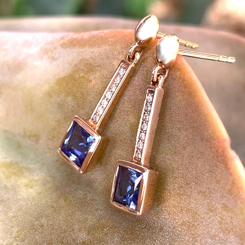 Art Deco Inspired Square Tanzanite and Diamond Rose Gold Drop Earrings