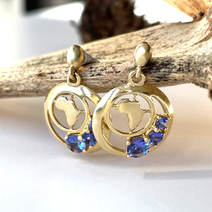 Yellow Gold Circle and Half Moon Tanzanite Africa Map Earrings