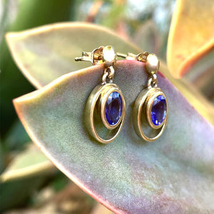 Double Hoop Oval Cut Bezel Set Tanzanite Drop Earrings