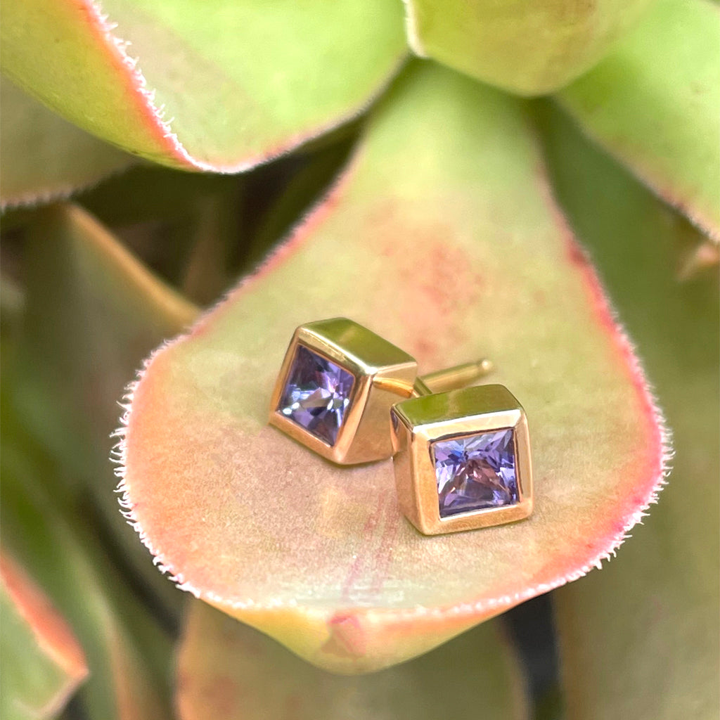 Classic Square Cut Tanzanite Rose Gold Bezel Set Studs